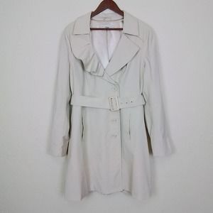 New York & Company Beige Ruffle Notch Collar 4 Button Belted Trench Coat XL‎